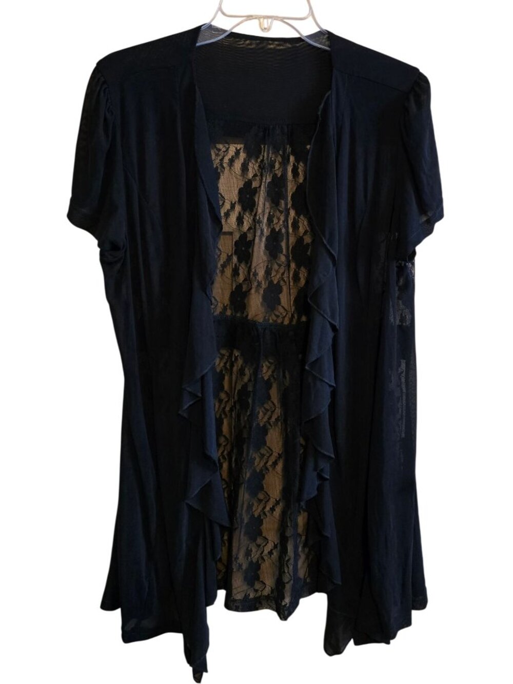 Black Ruffled Cardigan With Sheer Lace Back Short Sleeve Design whimsygoth